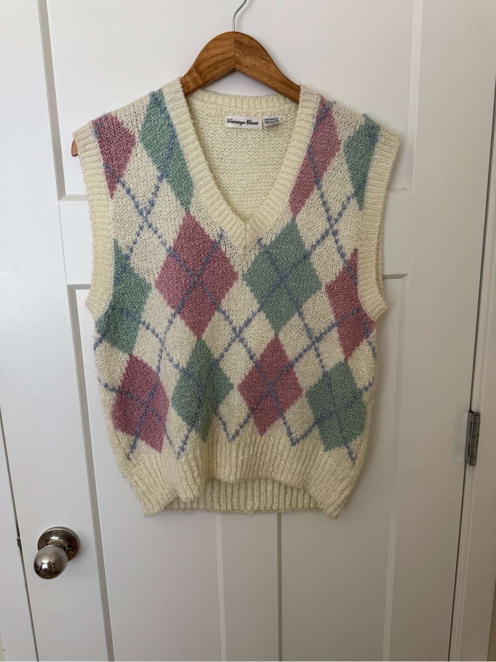 Vintage Cream and Pastel Pink and Green Argyle Sweater Vest by Carriage Court